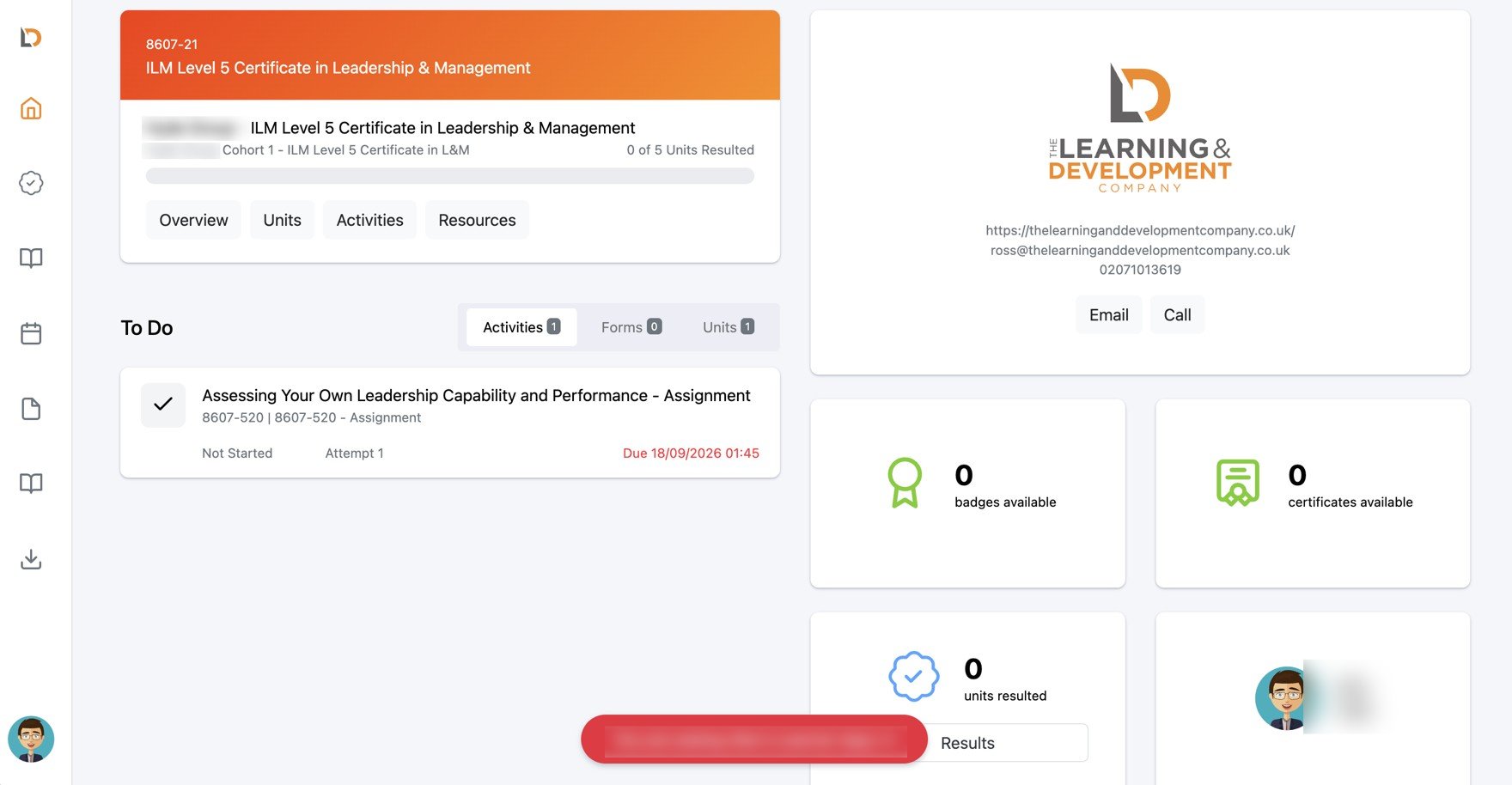 Cloud Assess learner dashboard for an ILM Level 5 Certificate, showing a to-do list and tutor contact card